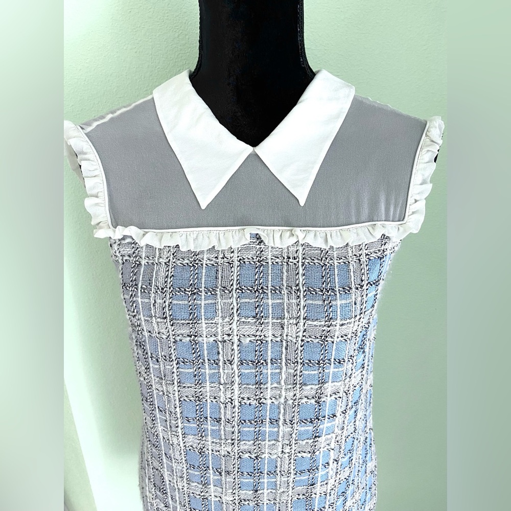 Rare MIU MIU Silk Ruffle Trim Wool Blend Tweed Mini Drees Size 40 - Picture 2 of 15